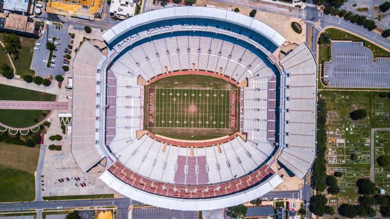 Aerial view of a college football stadium, used to illustrate the kind of program-level data SP+ and returning production are designed to evaluate.