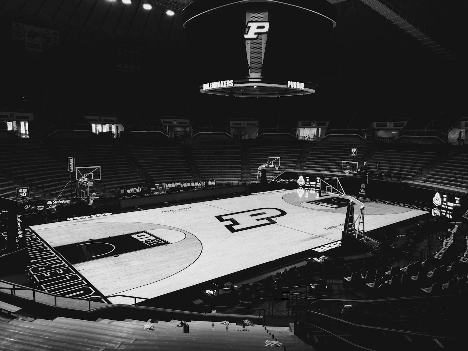 An empty college basketball court at Mackey Arena, Purdue, used to illustrate the calm before the NCAA Tournament chaos that bracketology models try to predict.