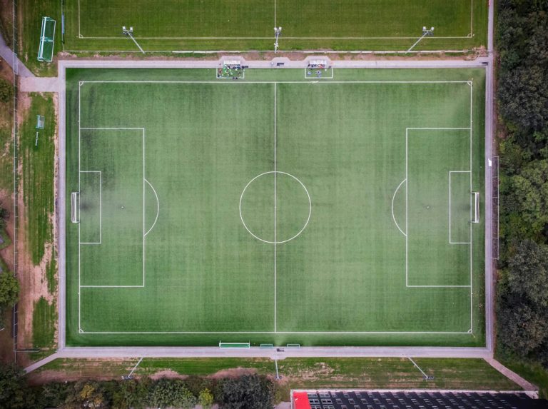 Empty football field aerial view illustrating pre-World Cup international friendlies