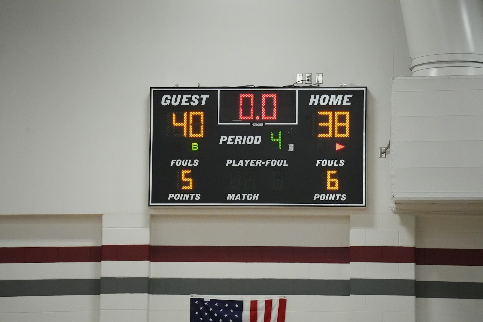 A close-up of a gym scoreboard with score numbers visible, used to illustrate the basic vocabulary that anchors sports analytics terms and conversations.