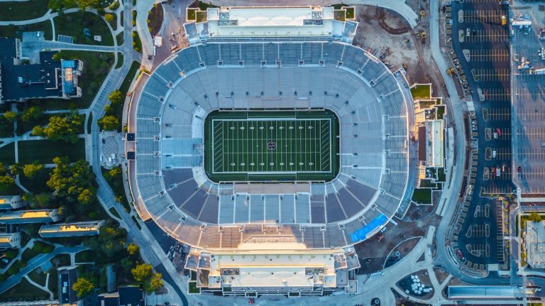 Birds eye view of football field - CFB Big Ten conference preview