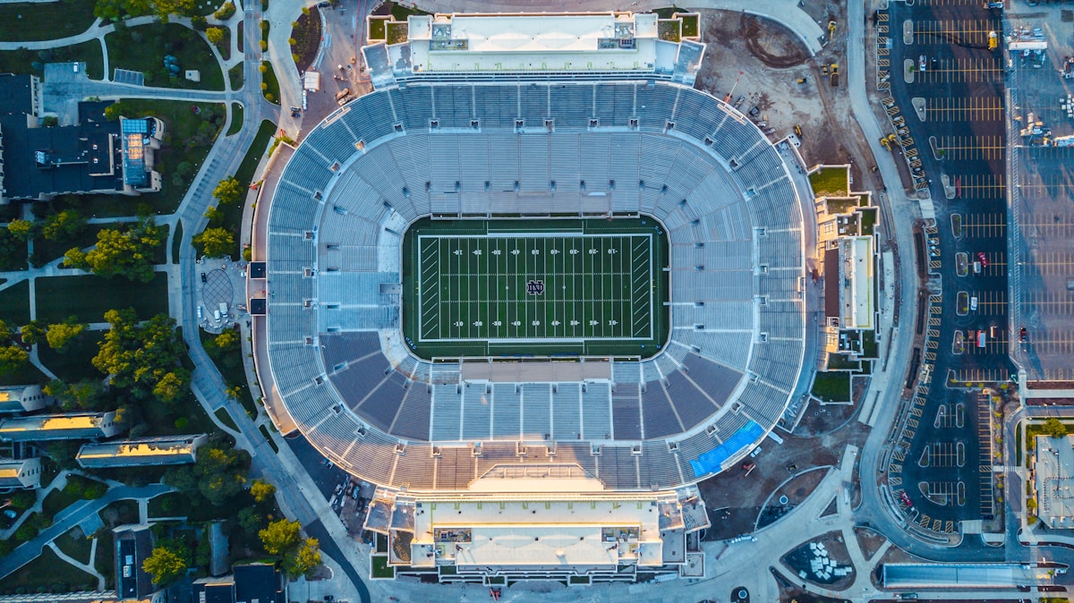 Birds eye view of football field - CFB Big Ten conference preview
