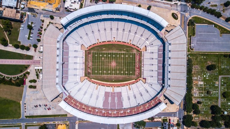 Aerial view of football stadium - CFB SEC conference preview