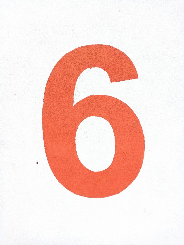 A close-up of the number six on a white background, used to illustrate the six-hour, six-stage anatomy of a sports Twitter take cycle.