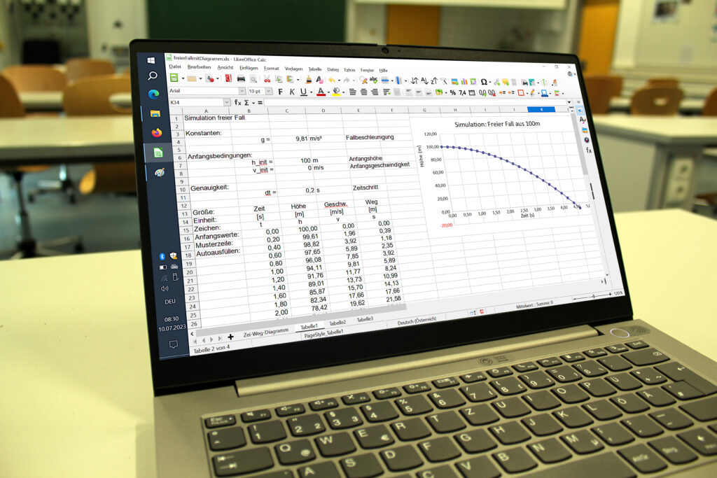 A laptop open on a desk showing dense rows of figures in a spreadsheet