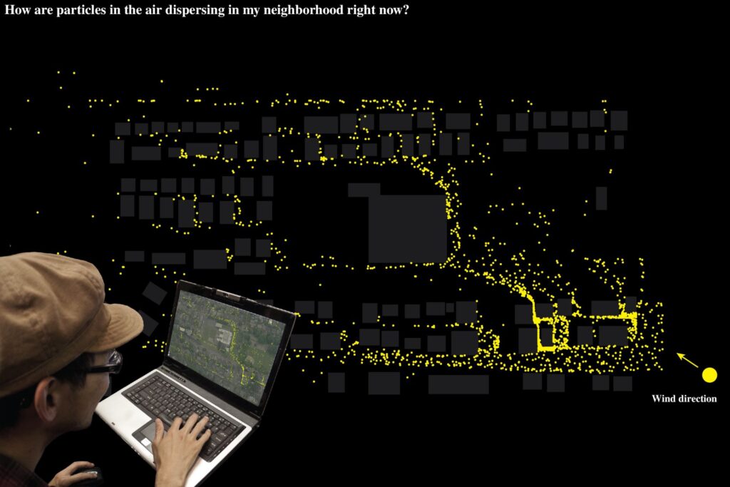 A scatter chart made of clustered dots of varying sizes displayed on a screen