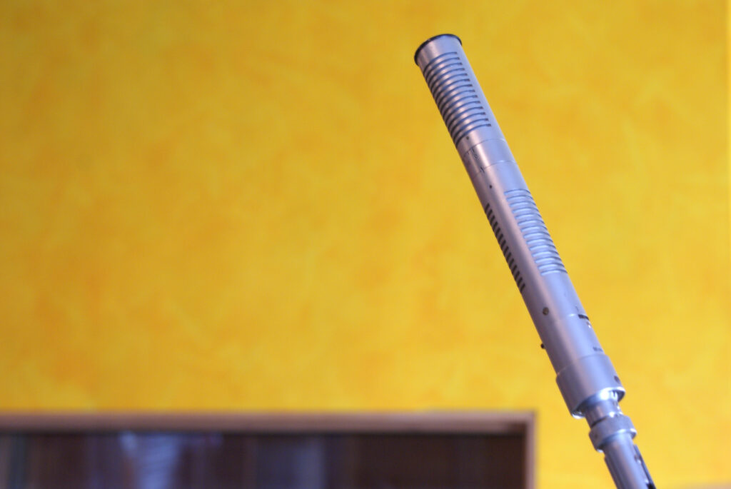 A long shotgun microphone mounted on a boom pole pointed toward a playing field