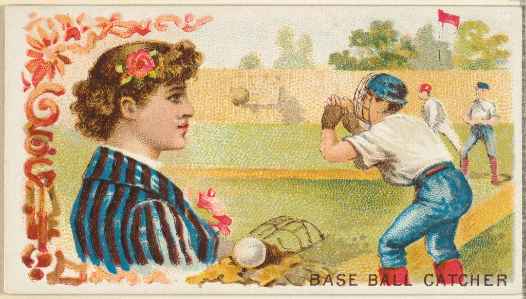A catcher crouched and set to block home plate while awaiting a throw from the outfield